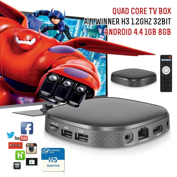 H3 TV Box Quad Core AllWinner H3 1.2GHz 32Bit Android 4.4 1GB 8GB Black
