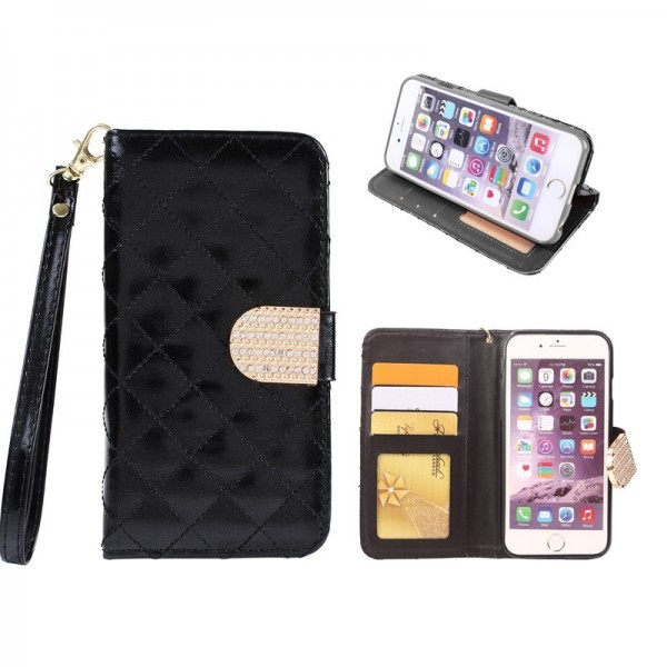 2015 New Luxury Crystal Glitter button Diamond line leather Flip case with card Wallet For iPhone6 plus 5.5-black