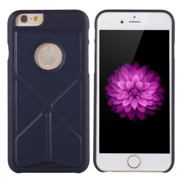 Silk Leather Skin Folding Stand Hard Case Transformer PC Back Cover for iPhone 6 4.7“-dark blue