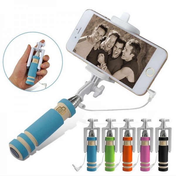Portable Mini folding mobile phone Wired self Selfie Sticks For iphone samsung galaxy,blue