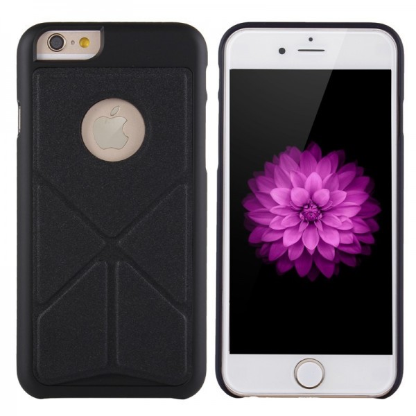 Silk Leather Skin Folding Stand Hard Case Transformer PC Back Cover for iPhone 6 plus 5.5, BLACK