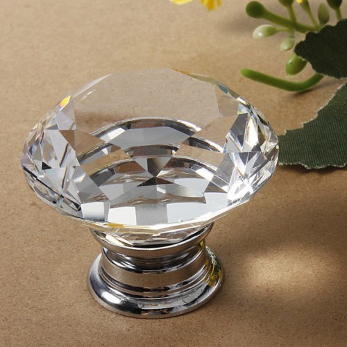 40mm Diamond Crystal glass door handle white